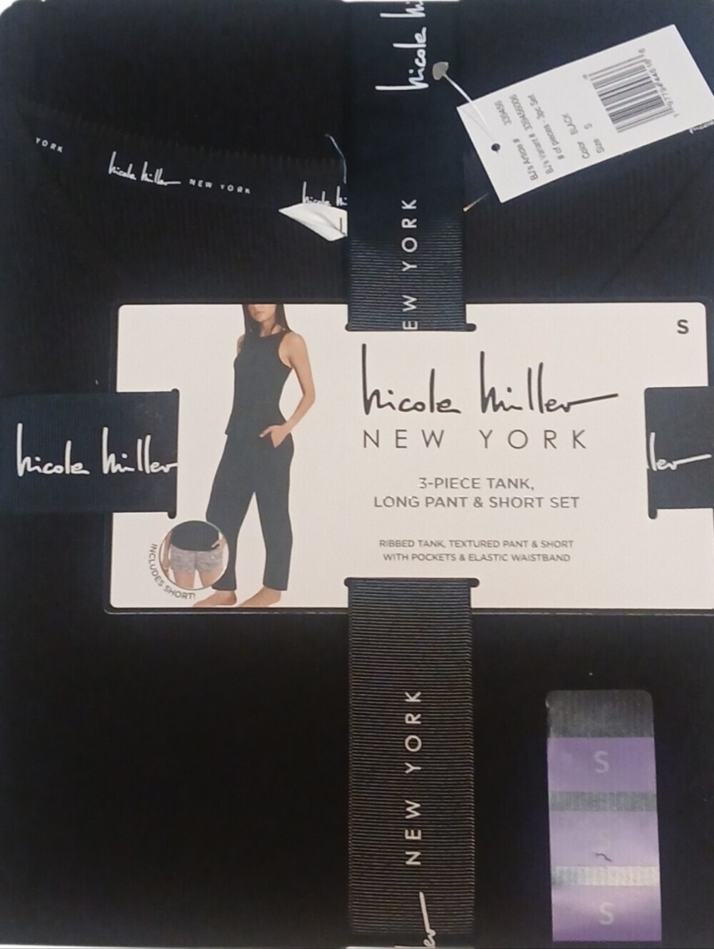 Nicole Miller -NWT, Ladies Black 3 Piece Tank, Long Pant & Short Set, Pockets,